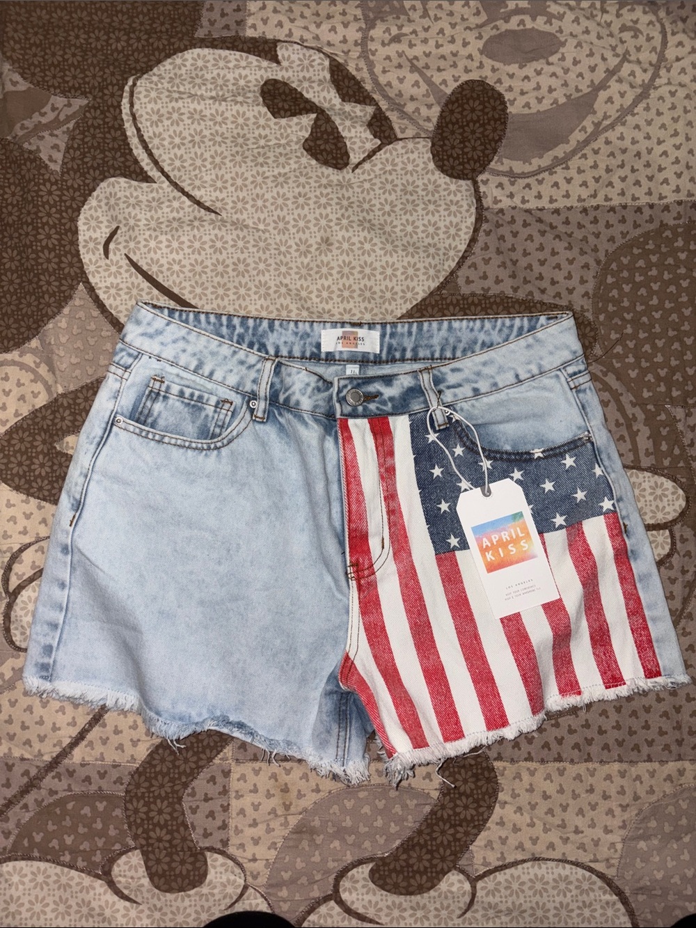 SIZE 11 April Kiss Women's Light Blue Denim Shorts with American Flag Panel